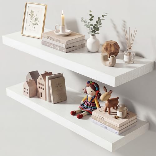 Image of Dreamland 30 Inches Floating Shelves for Wall, 9.3 inch Deep Long Floating Shelves Set of 2, Large Display & Storage Shelf, Wall Shelf for Bathroom Bedroom Living Room Kitchen Office, White