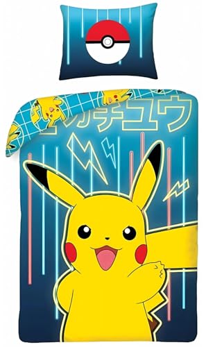 Parure de Lit Pokémon, Housse de Couette Réversible 140x200 cm, Taie d'oreiller 65x65 cm (Parure de lit Pokémon - A)