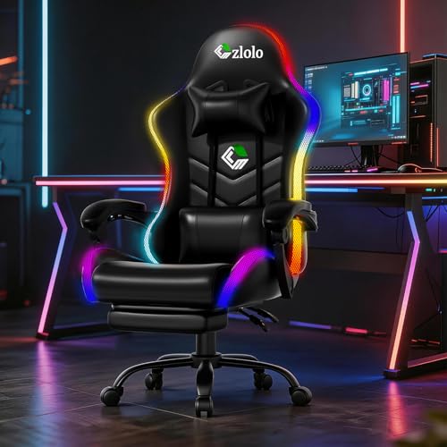 Image of Czlolo Gaming Chair, RGB LED Lights Computer Chair with Footrest, Lumbar Support Massager Gamer Chair, High Back, 90-135 Reclining, Linkage Armrests, Black