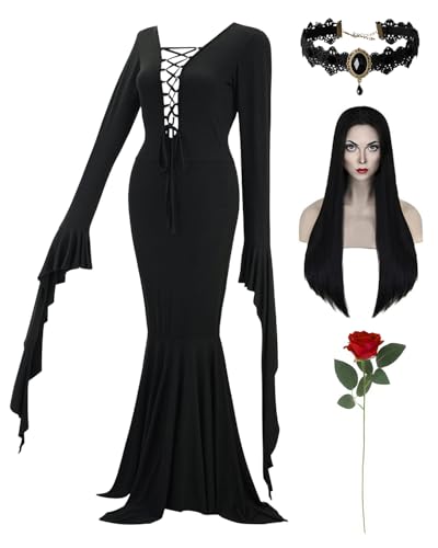 Disfraz Vintage Morticia Addams Negro Vestido Largo Mujer