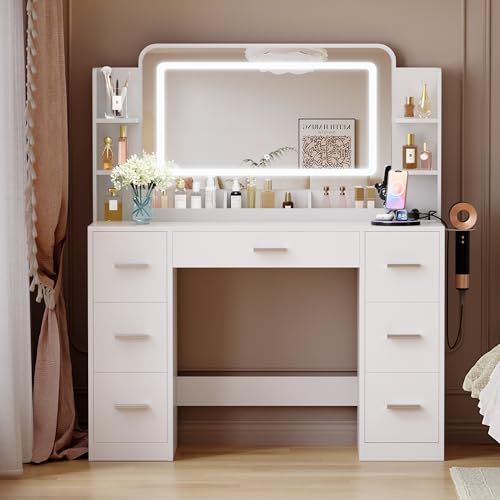 Image of Furmax Vanity Desk with Mirror with LED Light Strip, Makeup Vanity with 2 AC Outlets and1 USB＆1 Type-C Port, 3 Modes Adjustable Lighting Mirror, Modern Ample Storage Drawers Dressing Table, White