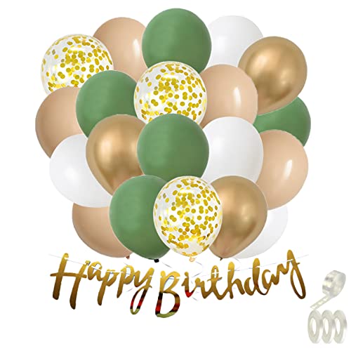 50 globos de cumpleaños retro, color verde y blanco, globos de cumpleaños con pancarta dorada "Happy Birthday", decoración de cumpleaños verde Cover