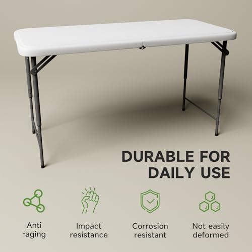 Image of Folding Table 4 Foot - 3-Position Adjustable Height, Heavy Duty 400 lbs Capacity - Portable Tables Folding for Camping, Party, Indoor & Outdoor Use, 2 Pack