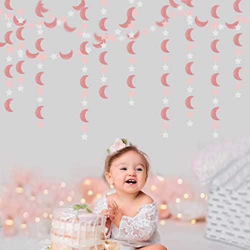 Image of Pink Rose-Gold Moon-Star Party-Decorations Garland - 52Ft Twinkle Little Star Hanging Decoration Streamers Banner, Eid Ramadan Mubarak Decoration Birthday Wedding Baby Shower Party Decor Panduola