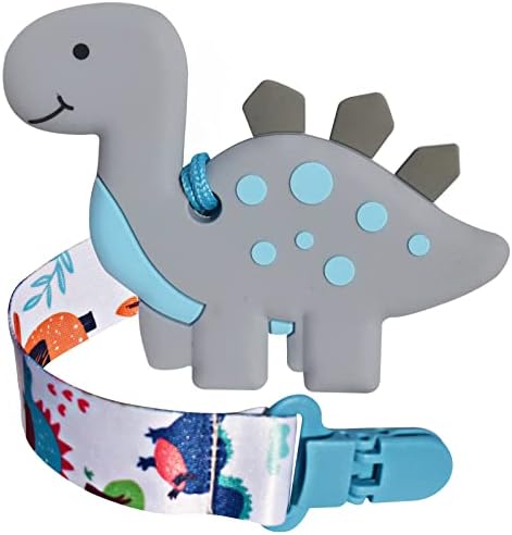 BIGSPINACH 1 Soft Grey Dinosaur Teether for Babies and 1 Baby Pacifier Clip, Valentines Day Gifts for Baby Boy,Baby Boy Teething Toy,Silicone Chew Toys for Baby