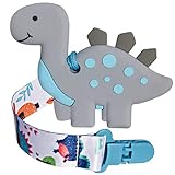 BIGSPINACH 1 Soft Grey Dinosaur Teether for Babies and 1 Baby Pacifier Clip, Valentines Day Gifts fo
