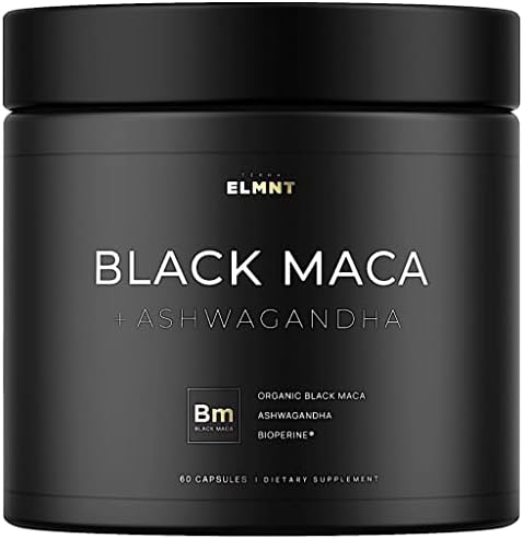 ELMNT 40,000mg 40x Strength Organic Black Maca Root with Ashwagandha - Highest Potency Black Maca Root Capsules for Men - 100% Pure Maca Peruana Powder Organic, Gelatinized, Non-GMO - 60 Pills