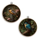 DILSJ Vintage Floral Bird Round Wall Art Decor, Dark Moody Flower Botanical Canvas Wall Art Framed, Retro Farmhouse Bird Floral Hanging Decorations for Home Bedroom Living Room, 10x10 Inch Set of 2 Wall Sculptures