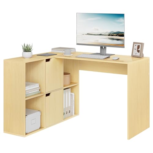 eSituro Mesa Escritorio Esquinero en L con 4 Estanteria + 2 Armarios - 120 cm Escritorio Ordenador de Oficina, Mesa Estudio Beige con Doble Tablero para 2 Ordenadores, 118 x 100 x 75 cm