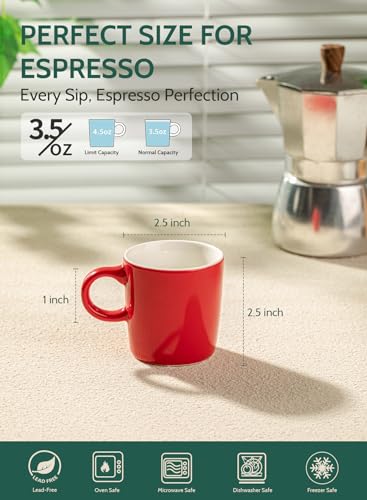 Image of Sweese 3.5oz Porcelain Espresso Cups Set of 4, Mini Coffee Mugs Demitasse Cups - Red