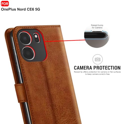 Image of TheGiftKart Genuine Leather Finish Flip Back Cover Case for OnePlus Nord CE 6 5G | Inbuilt Pockets & Stand | Wallet Style | Designer Button | Flip Back Cover for OnePlus Nord CE6 (Faux Leather, Brown)