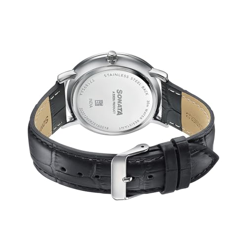 Image of Sonata Verve Quartz Analog with Silver Dial Black Geniune Leather Strap Watch for Men - 77189SL01