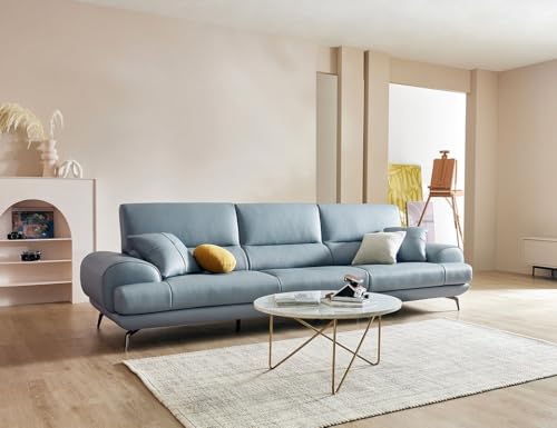 Image of Fabrique Meraki Leatherette 4 Seater with Puffy Moden Design Blue Sofa Set with Moveable Headrest | Comfortable Furniture for Home Office & Living Room | Easy to Move with Stainless Steel Legs