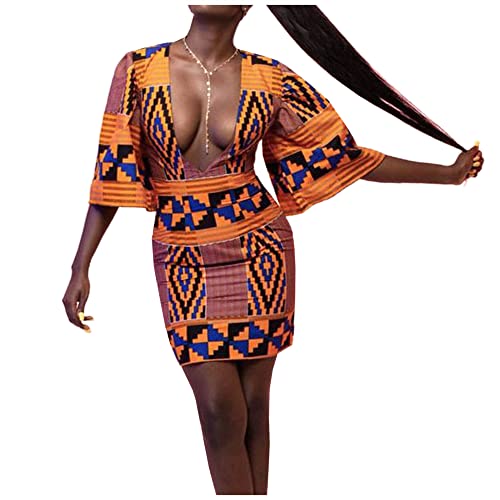 Image of Women Boho African Floral Print Pleated Short Midi Dress Multi-Way Dress for Casual Rave Club Party