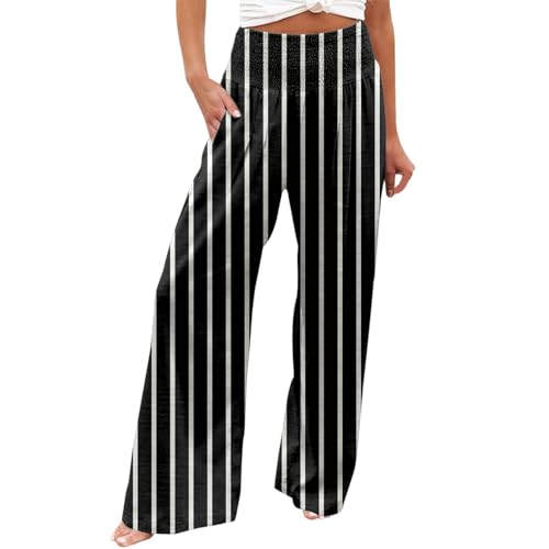 Pantalon large femme imprimé taille haute fluide avec ceinture et poches