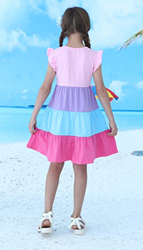 Image of HILEELANG Girls Cotton Tiered Dress Flutter Ruffle Sleeve Summer Swing Sundress Birthday Party Casual Outfit Colorblock 2-12Y