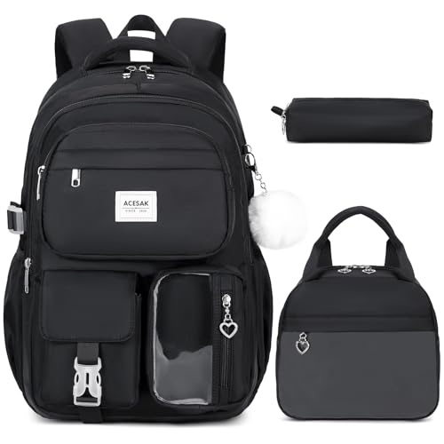 ACESAK Backpack for Girls - Girls Backpack with Lunch Bag & Pencil Pouch for Teen Kids Laptop Backpack for Women, Elementary Middle High School Bookbag Travel Daypack (Black)
