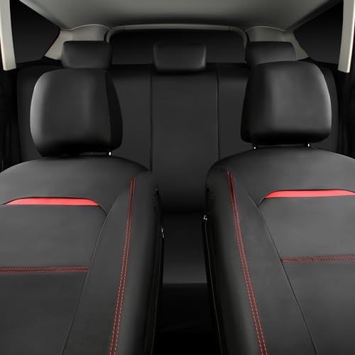 Image of CAR PASS Leather Car Seat Cover Full Set with Steering Wheel Cover and 2PCS Seat Belt Shoulder Pads,for Trucks and SUV with Built-in Seatbelts and Front Seat Side Armrests(Combo Set, Black and Red)