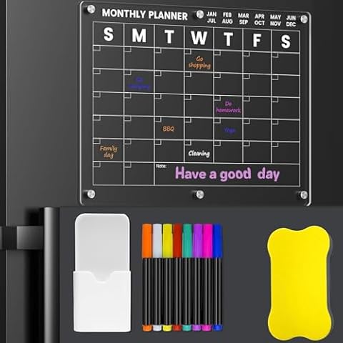 HOMGEN 1 Pack Acrylic Magnetic Fridge Board Durable Magnetic Fridge Calendar Clear Fridge Monthly Planner Dry Erase Schedule Planning Boards With 6 Dry Eraser Markers Pens for Family School Office etc Cover