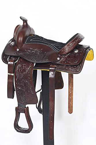 17 in Dark Brown Western Kids Youth Children Miniature Pony Saddle Leather Trail Tack | Hand Tooled Saddle | Western Saddle | Saddle for Horses | Horse Tack Set - Image 4