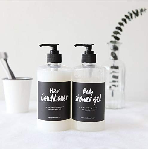 AMOCHY Bathroom Refillable Empty Dispenser PET Plastic Bottles,Shampoo,Conditioner,Body wash,Liquid Soaps 3 Packs 17.5 oz with 3 Hand Lettering Series Waterproof Labels