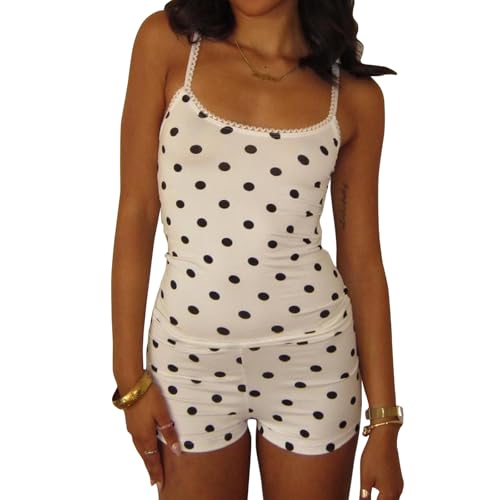 Image of Yuemengxuan Women Y2k Polka Dot Pajamas Sets 2 Piece Sexy Summer Outfits Set Sleeveless Strappy Cami Top Crop Top Shorts Set