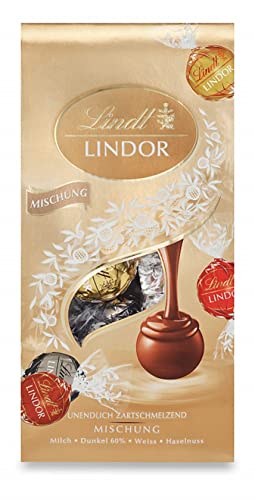 Lindt Schokolade LINDOR Mischung | 137 g Beutel | ca. 10 Kugeln mit zartschmelzender Füllung in den Sorten Milch, dunkel 60%, weiß, Haselnuss | Pralinen-Geschenk| Geschenk