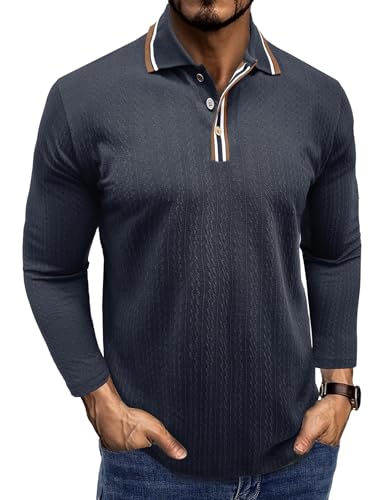 Volemo Men's Polo Shirts Long Sleeve Knitted Poloshirt Stretch T Shirt Golf Tops Navy Blue L