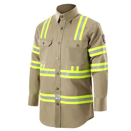Hi Vis Fr Shirts for Men Reflective Welding Long Sleeve Safety Shirts Mens Lightweight Cat 2 Pearl Snap High Visibility Shirt Flame Resistant Khaki XL