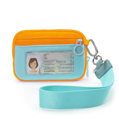 Image of The Iris Wallet Zipper Mini Coin Purse Keychain ID Holder Wallet | Zip Card Case with ID Window Purses for Women Mini Portable Keychain Wallet, Blue and Yellow with Lanyard