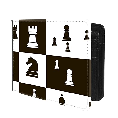 (Black And White Chess Pattern Front Pocket Slim Bifold Leather Wallet RFID Blocking with ID Window for Men