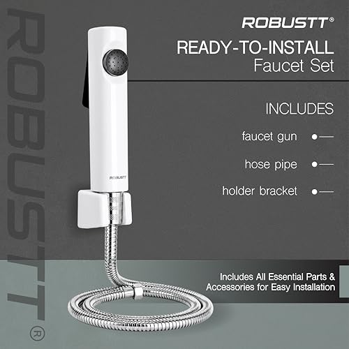 Image of Robustt Health Faucet for Toilet ABS Jet Spray Gun (White) with 1.2 m Premium 304 Stainless Steel Hose & Wall Holder | One-Press Water Control, Anti-Rust Body, Leak-Proof | for Bathroom and Cleaning