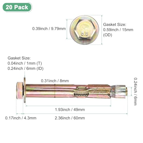 Image of M METERXITY 20-Pack Hex Expansion Bolt, M6x60mm Colored Galvanized Iron-Carbon Steel External Hex Expansion Bolts, Anti-Corrosion Metal Bolt for Concrete /Dry Brick /Block Walls