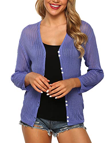 LYHNMW Womens Tie Front Lightweight Knit Cropped Cardigan Button Down Long Sleeve Sheer Shrug Blue Purple