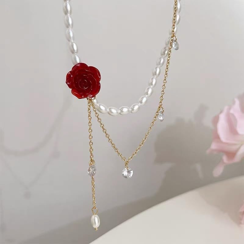 ONLYJUMP 3Pcs Red Velvet Rose Jewelry Set for Women Pearl Choker Necklace Rose Earrings Bracelet Alloy Sweet Romantic Gift for Wedding Birthday Valentine's Day - Image 5
