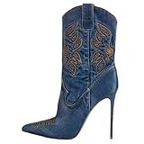 Saint Leia Women's Embroidered Western Cowboy Stiletto Heel Boots Pointed Toe Pull-Up Tabs Classic Cowgirl Dress Boot (Blue, 8)