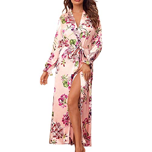 Women 's Kimono Long Satin Robes Floral Kimono Lounge Bathrobe Nightgown (Pink, M)