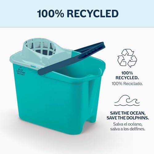 Blue Dolphin - Fregona con Palo Plegable y Cubo con Ruedas de 14L y Ruedas Giratorias Set de Limpieza Sostenible con Microfibra Reciclada Ideal para Hogar y Suelos