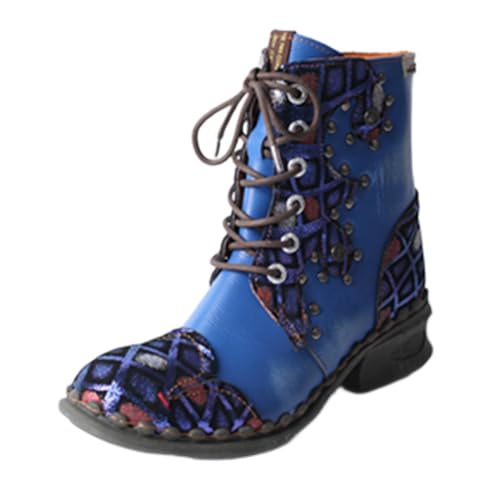 TMA EYES Women's Ankle Booties Lace Up Combat Boot Geometric Pattern With Leather Stitching Shoes