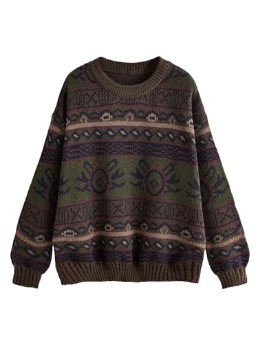 SHENHE Women's Oversized Grunge Punk Geo Print Long Sleeve Drop Shoulder Sweaters Top Brown M