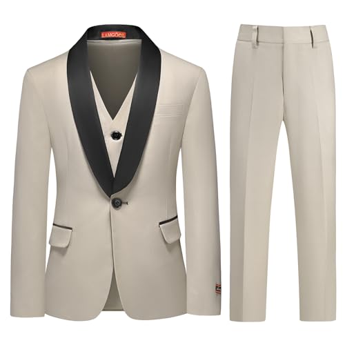 Image of Boy Suits 3 Piece Slim Fit Formal Suit Set with Tuxedo Jacket Vest Pants for Kids Wedding Ring Bearer Party