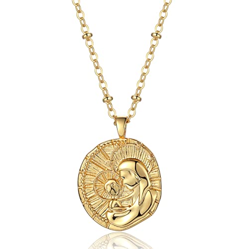 Holy Mother Medallion Necklace | Blessed Virgin Mary and Baby Jesus Christian Catholic Pendant Necklace | 18