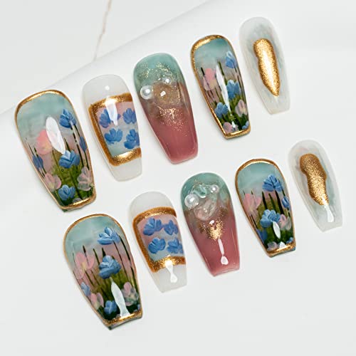 Sun&Beam Nails Handmade Press On Nail Long Coffin Ballerina Painting Gree Acrylic Fake Tip 3D Design Art Charms Cute with Storage Box 10 Pcs (#31 Painting