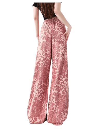 SweatyRocks Women's Leopard Print Pants High Waist Straight Leg Pants Casual Loose with Pockets2