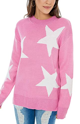 Koitmy Womens Crewneck Cute Intarsia Star Lightning Knitted Pullover Sweaters Pink #TOP3