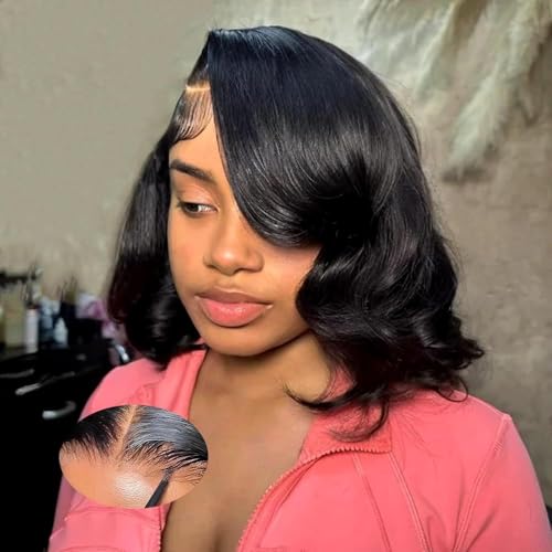 Wear and Go Glueless Wigs Human Hair Pre Plucked Pre Cut 4x4 Straight Lace Front Wigs Human Hair Wigs for Women No Glue Hd Lace Front Closure Ready to Wear Wigs 180% Density 12 Inch Natural Black