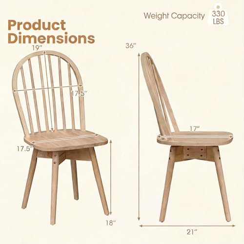 Image of COSTWAY Swivel Windsor Dining Chairs Set of 4 with Spindle Back, Natural | Solid Rubber Wood, Armless Kitchen Chair with Tilt Back, Mid-Century Modern Side Chairs for Dining Room, Kitchen, Restaurant