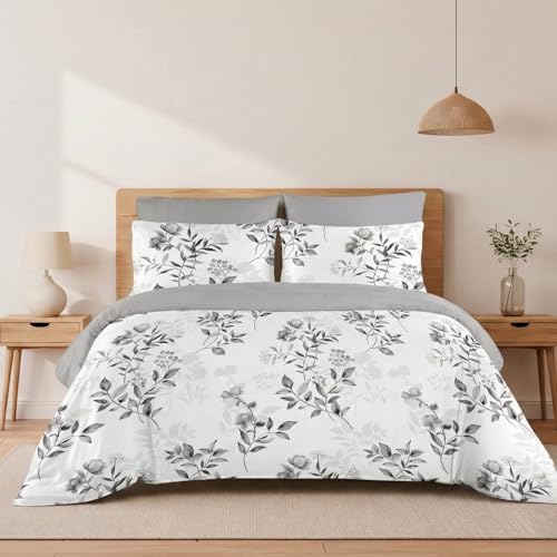 H HANSEL HOME Funda Nórdica Cama 180 – 4 Piezas – 100% Microfibra Suave y Transpirable – Funda Edredón 260x240 cm, Bajera 180x200+30 cm, 2 Fundas de Almohada 50x80 cm - Floral Gris