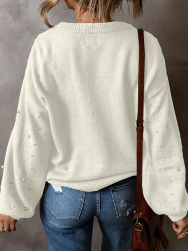 Image of Pearl Sweater for Women Lantern Sleeve Drop Shoulder Crewneck Sweatshirt Knit Chunky Pullover Sweaters with Pearls