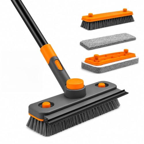 Image of 4 in 1 Long Handle Bathroom Floor Cleaning Brush with Wiper 360 Rotating Brush with 3 Interchangeable Heads - Hard Bristle Brush, Scouring Pad & Microfiber Mop for Bathroom, Kitchen, Tiles & Walls